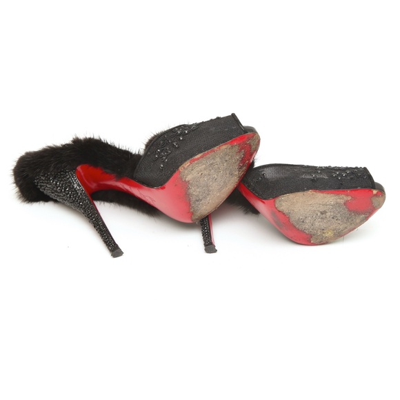 CHRISTIAN LOUBOUTIN Black Mule NUTRIA 120 Fur Crystals Lace Netting Leather 38.5 - Picture 10 of 10